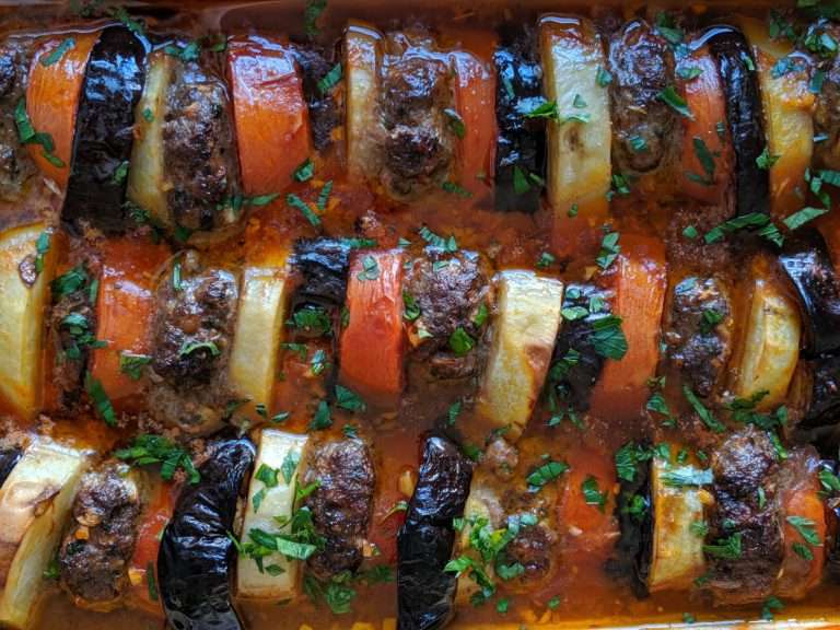 Baked kofta with potatoes and eggplant