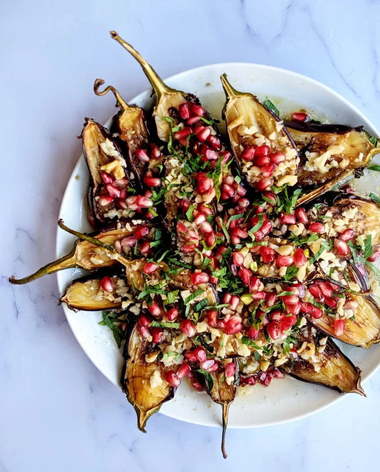 Egyptian pickled eggplant with garlic, walnuts, and pomegranate