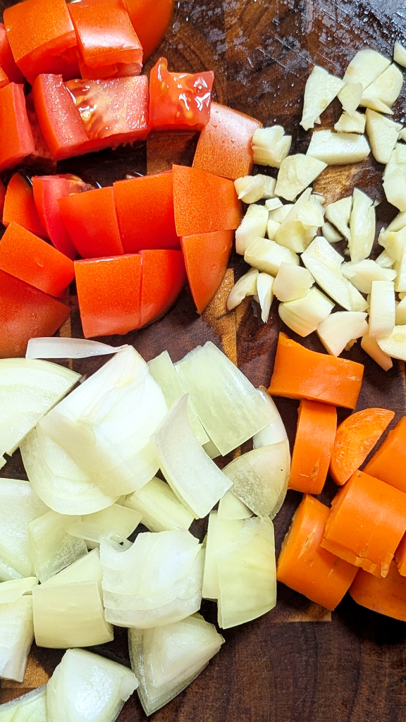 Coarsely chopped vegetables for Egyptian red lentil soup