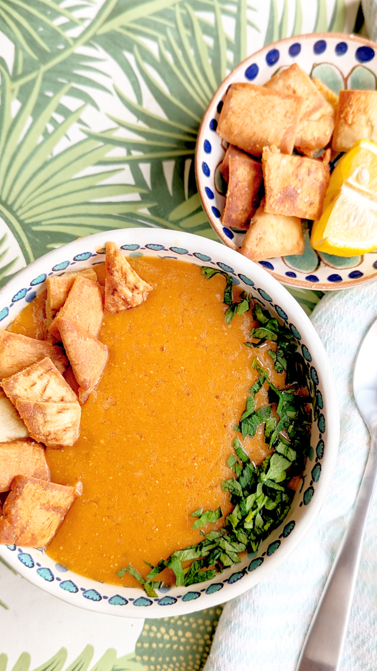 Egyptian red lentil soup with crispy pita and lemon